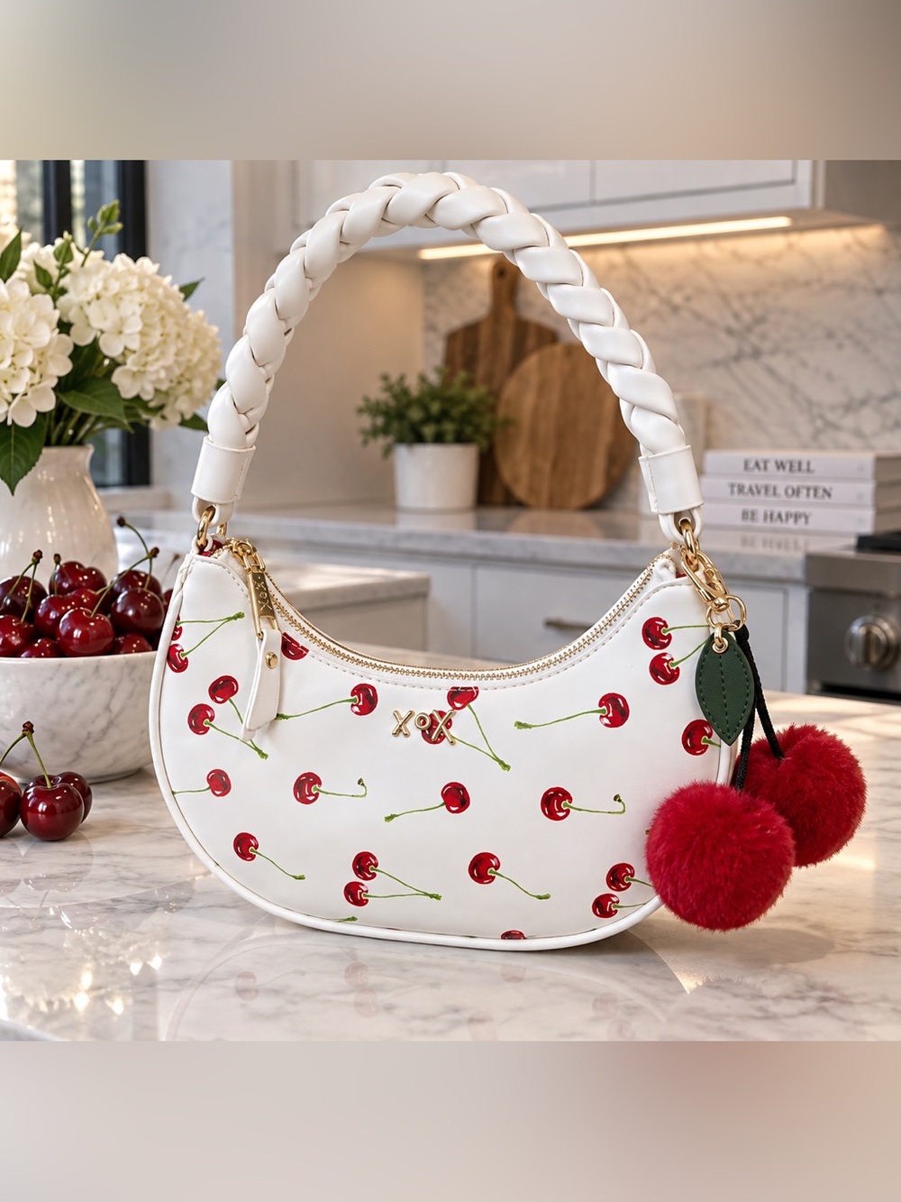 Betsey Johnson White Cherry Print Braided-Handle Shoulder Bag with Red Pom Poms